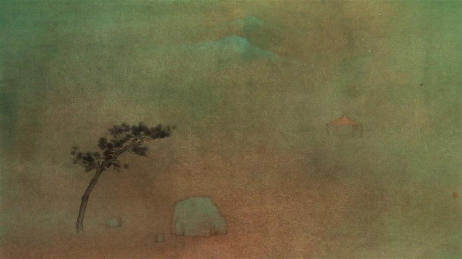 classical chinese ink and green painting of minimalist landscapes on exhibit