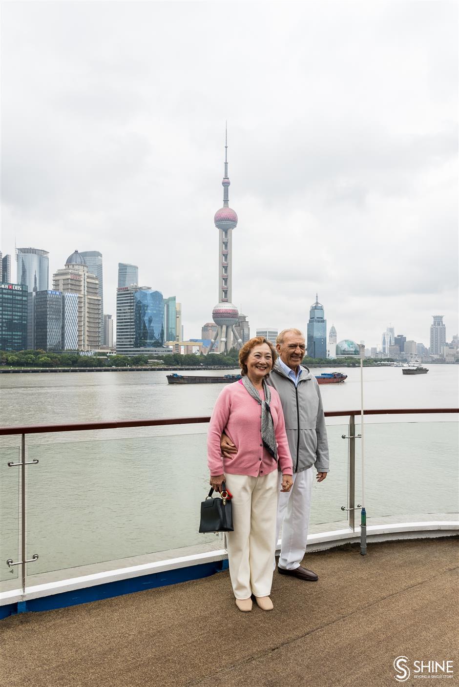 luxury cruise liner docks on north  bund, with 300 international tourists